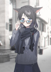 Rule 34 | 1girl, animal ears, aran sweater, black hair, blue eyes, blue skirt, blurry, blurry background, braid, breath, cable knit, cat ears, chihuri, closed mouth, crown braid, day, depth of field, eyewear pull, final fantasy, final fantasy xiv, grey sweater, highres, miqo&#039;te, outdoors, pulled by self, purple hair, skirt, smile, solo, sunglasses, sweater, warrior of light (ff14)