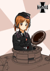 Rule 34 | 1girl, absurdres, artist name, breasts, brown eyes, brown hair, commentary, dated, emblem, english commentary, girls und panzer, hat, headphones, highres, kuromorimine (emblem), looking at viewer, military, military hat, military uniform, military vehicle, motor vehicle, necktie, nishizumi miho, panzer iv, panzer iv, qian, smile, solo, tank, tank turret, uniform