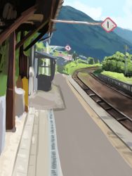 Rule 34 | absurdres, arknights, blue sky, cloud, day, highres, mountain, no humans, outdoors, railroad tracks, rylaera, scenery, sky, train station, train station platform, tree