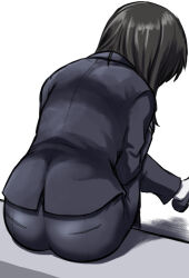 Rule 34 | 1girl, ass, black footwear, black hair, black jacket, black pants, commentary request, facing away, formal, from behind, jacket, leaning forward, long hair, m.m, original, pants, shoes, simple background, sitting, socks, solo, suit, white background, white socks