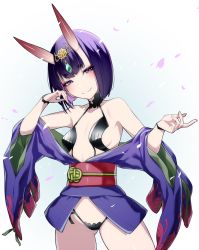 Rule 34 | 1girl, bare shoulders, bob cut, breasts, collarbone, eyeliner, fate/grand order, fate (series), headpiece, highres, horns, japanese clothes, kimono, long sleeves, looking at viewer, makeup, obi, off shoulder, oni, petals, purple eyes, purple hair, purple kimono, revealing clothes, sash, short hair, short kimono, shuten douji (fate), skin-covered horns, small breasts, smile, solo, tochi keisuke, wide sleeves