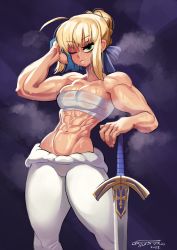 Rule 34 | 1girl, abs, absurdres, alternate body size, artoria pendragon (all), artoria pendragon (fate), blonde hair, braid, fate (series), gattles, green eyes, hair bun, hand on hilt, highres, muscular, muscular female, one eye closed, pants, planted, planted sword, planted weapon, saber (fate), sarashi, single hair bun, solo, standing, sweat, sword, towel, weapon