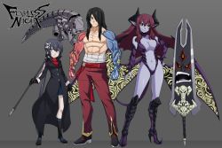 Rule 34 | 1boy, 2girls, abs, black gloves, black hair, black sclera, boots, breasts, bridal gauntlets, choker, chuunioniika, colored sclera, colored skin, demon girl, demon horns, demon tail, demon wings, elbow gloves, fearless night, fernandez (fearless night), gloves, grey eyes, hair ornament, hair over one eye, height difference, hell princess, highres, horns, huge weapon, knee boots, large breasts, lineup, long coat, long hair, low wings, mechanical arms, multiple girls, muscular, navel, official art, pale skin, poco muerte, pointy ears, pointy footwear, purple hair, purple skin, revealing clothes, sarashi, scythe, topless male, shoes, skirt, skull hair ornament, standing, tail, weapon, wings, yellow eyes