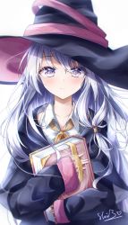 Rule 34 | 1girl, absurdres, black hat, black jacket, book, closed mouth, collared shirt, elaina (majo no tabitabi), grey eyes, grey hair, hat, highres, holding, holding book, jacket, long hair, long sleeves, looking at viewer, majo no tabitabi, shi3, shirt, signature, simple background, smile, solo, upper body, white background, white shirt, witch hat