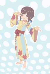 Rule 34 | 1girl, \m/, barefoot, blue background, blue hair, blunt bangs, blush stickers, brown hair, collarbone, commentary, full body, gustavo schuler, highres, hozuki momiji, japanese clothes, kimono, leaf print, long sleeves, looking at viewer, maple leaf print, multicolored hair, onii-chan wa oshimai!, outline, polka dot, polka dot background, print kimono, red eyes, sash, short hair, short ponytail, simple background, smile, solo, two-tone hair, white outline, wide sleeves, yukata