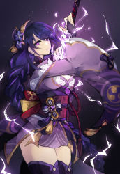 1girl braid breasts bright_pupils cleavage closed_mouth electricity flower genshin_impact hair_ornament highres human_scabbard japanese_clothes katana kimono large_breasts long_hair looking_at_viewer mole mole_under_eye obi obiage purple_eyes purple_flower purple_hair raiden_shogun ribbon sash snowy solo sword weapon wide_sleeves