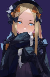 Rule 34 | 1girl, abigail williams (fate), black bow, black dress, black hat, blazpu, blonde hair, blue background, blue eyes, bow, breasts, dress, fate/grand order, fate (series), forehead, hair bow, hat, highres, long hair, multiple hair bows, orange bow, parted bangs, polka dot, polka dot bow, ribbed dress, simple background, sleeves past fingers, sleeves past wrists, small breasts, solo