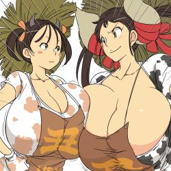 Rule 34 | 2girls, animal ears, animal print, apron, asymmetrical docking, blush, bouncing breasts, breast contest, breast press, breasts, bursting breasts, cleavage, cow ears, cow girl, cow horns, cow print, dual persona, eye contact, face-to-face, gigantic breasts, grey horns, hataraki ari, horns, huge breasts, looking at another, looking at viewer, motion lines, multiple girls, multiple persona, original, smile, sukimi, symmetrical docking, twintails, upper body