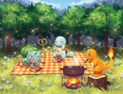 Rule 34 | blanket, blue eyes, blue flower, blush, bright pupils, bulbasaur, charmander, claws, closed eyes, cooking, cooking pot, creature, creatures (company), curry, curry rice, fangs, fire, flame-tipped tail, flower, food, forest, game freak, gen 1 pokemon, grass, highres, holding, holding spoon, nature, nintendo, no humans, picnic, pokemon, pokemon (creature), red eyes, rice, sausage, siho1209, sitting, sparkle, spoon, squirtle, starter pokemon trio, tree, tree stump, white pupils