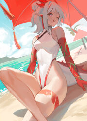 Rule 34 | 1girl, ;q, absurdres, adapted costume, ark line, arknights, bare hips, bare legs, bare shoulders, beach, beach umbrella, breasts, colored skin, competition swimsuit, covered navel, crossed legs, day, dragon girl, dragon horns, dragon tail, earrings, feet out of frame, hair bun, highleg, highleg swimsuit, highres, horns, jewelry, leg tattoo, looking at viewer, medium breasts, monster girl, nian (arknights), nian (unfettered freedom) (arknights), ocean, official alternate costume, on ground, one-piece swimsuit, one eye closed, outdoors, pink eyes, pointy ears, red skin, short hair, sideboob, single hair bun, sitting, solo, swimsuit, tail, tattoo, tongue, tongue out, umbrella, water, white hair, white one-piece swimsuit