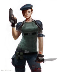 Rule 34 | 1girl, alex pascenko, aqua shirt, belt bra, beret, blood, blue hat, breasts, brown hair, capcom, cuts, earrings, finger on trigger, fingerless gloves, gloves, gun, hair over one eye, handgun, hat, injury, jewelry, jill valentine, knife, military, military uniform, pistol, pouch, resident evil, resident evil 1, shirt, shoulder pads, simple background, solo, standing, stud earrings, thigh pouch, thigh strap, torn clothes, uniform, weapon, white background
