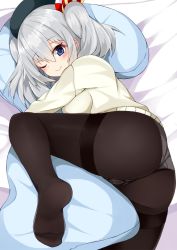 Rule 34 | 10s, 1girl, ;), ass, beret, blue eyes, blush, commentary request, feet, gusset, hat, hidaka0503, highres, kantai collection, kashima (kancolle), looking at viewer, no shoes, hugging object, on bed, one eye closed, panties, panties under pantyhose, pantyhose, pillow, pillow hug, silver hair, smile, solo, sweater, thighband pantyhose, two side up, underwear