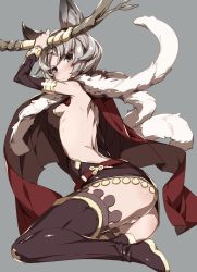 Rule 34 | 10s, 1girl, animal ears, ass, back, backless outfit, bad id, bad twitter id, bare back, black thighhighs, blue eyes, blush, breasts, cape, cat ears, erune, feather boa, from behind, granblue fantasy, grey background, highres, holding, holding weapon, kneeling, looking at viewer, looking back, nenemaru, panties, ribs, short hair, sideboob, silver hair, simple background, small breasts, solo, stella (granblue fantasy), sutera (granblue fantasy), thighhighs, underwear, weapon, white panties, zettai ryouiki