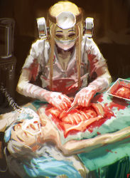Rule 34 | 2girls, bad deviantart id, bad id, blonde hair, blood, bolt, breasts, cleavage, doyora, franken fran, gloves, guro, latex, latex gloves, long hair, madaraki fran, mask, medical, medium breasts, moetron, mouth mask, multiple girls, no lineart, operating table, oxygen mask, ribs, scalpel, surgeon, surgery, surgical mask, table
