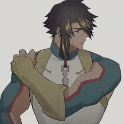 Rule 34 | 1boy, arm cutout, black hair, blonde hair, blue eyes, dark-skinned male, dark skin, facial scar, fate/grand order, fate (series), front ponytail, hair between eyes, hand on own shoulder, haruakira, highres, huang feihu (fate), long hair, looking to the side, male focus, multicolored hair, scar, scar on cheek, scar on face, scar on nose, solo, streaked hair, thick eyebrows, toned, toned male, upper body, vambraces