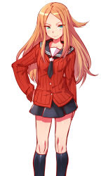 Rule 34 | &gt;:), 10s, 1girl, arm at side, black skirt, black socks, buttons, closed mouth, collar, collarbone, green eyes, hand on own hip, kneehighs, konami kirie, long hair, long sleeves, looking at viewer, miniskirt, orange hair, pleated skirt, pocket, red shirt, ribbed shirt, shirt, sidelocks, simple background, skirt, smirk, socks, solo, standing, striped clothes, striped shirt, thighs, tsurime, tsuru ringo, v-shaped eyebrows, vertical-striped clothes, vertical-striped shirt, white background, world trigger