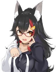 Rule 34 | 1girl, absurdres, animal ears, black hair, breasts, brown eyes, casual, collarbone, commentary request, glasses, hair between eyes, hair ornament, hairclip, highres, hololive, looking at viewer, medium breasts, ookami mio, ookami mio (casual), open mouth, ponytail, portrait, satobitob, simple background, smile, solo, sweater, virtual youtuber, white background, wolf ears
