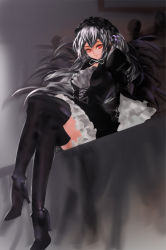 Rule 34 | 1girl, artist request, bad id, bad pixiv id, black footwear, black theme, boots, hairband, high heel boots, high heels, crossed legs, lolita hairband, long hair, red eyes, rozen maiden, silver hair, sitting, solo, suigintou, thigh boots, thighhighs, wings