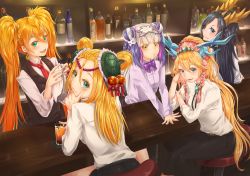 Rule 34 | 5girls, alternate costume, arm support, bar (place), bar stool, bartender, belt, black hair, blonde hair, blue eyes, blush, bottle, bow, bowtie, braid, circlet, coaster, cup, double bun, dragon girl, dragon horns, drinking glass, drinking straw, earrings, fins, green eyes, hair between eyes, hair bun, hair ornament, hair rings, hairclip, haku (p&amp;d), head fins, headdress, horns, ice, ice cube, indoors, jewelry, karin (p&amp;d), leilan (p&amp;d), long hair, looking at viewer, looking back, meimei (p&amp;d), multicolored hair, multiple girls, necktie, open mouth, orange hair, plate, purple hair, puzzle &amp; dragons, reflection, sakuya (p&amp;d), smile, stool, turtle shell, twintails, very long hair, white hair, wine bottle, yellow eyes, yuzutosen