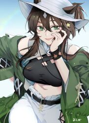 Rule 34 | 1girl, :d, animal ears, arknights, bare shoulders, black shirt, blue eyes, brown hair, coat, commentary request, crop top, fedora, green coat, hair ornament, hand up, hat, highres, horse ears, long hair, looking at viewer, meteor (arknights), meteor (bard&#039;s holiday) (arknights), midriff, navel, open clothes, open coat, open mouth, pants, partial commentary, shirt, smile, solo, star (symbol), star hair ornament, stomach, white hat, white pants, wristband, yoshiga