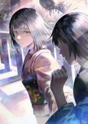 Rule 34 | 2girls, aged down, artist name, black hair, closed eyes, closed mouth, expressionless, eyebrows, eyelashes, female focus, forest, highres, holding hands, japanese clothes, jujutsu kaisen, kimono, kyuuba melo, long sleeves, looking at another, medium hair, monster, multiple girls, nature, outdoors, pale skin, pink kimono, pulling, railing, scared, siblings, sisters, sleeves past elbows, tree, twins, watermark, yellow eyes, zenin mai, zenin maki