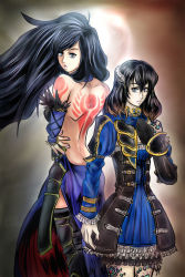 Rule 34 | 2girls, back tattoo, backless dress, backless outfit, black hair, bloodstained: ritual of the night, blue dress, blue eyes, brown hair, castlevania (series), castlevania: order of ecclesia, dress, horns, konami, lips, long hair, looking at viewer, miriam (bloodstained), moonlight, multiple girls, night, outline, pale skin, penzoom, shanoa, short hair, tattoo, wavy hair
