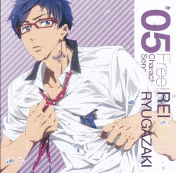 Rule 34 | 10s, 1boy, album cover, blue hair, bug, butterfly, character name, character single, copyright name, cover, free!, glasses, highres, bug, male focus, official art, purple eyes, red-framed eyewear, ryuugazaki rei, solo, tattoo