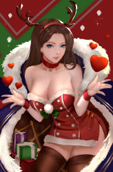 Rule 34 | 1girl, \||/, absurdres, bare shoulders, blue eyes, breasts, brown hair, brown thighhighs, cape, choker, christmas, cleavage, collarbone, commentary request, cowboy shot, earrings, fake antlers, forehead, fur trim, gift, heart, highres, jewelry, large breasts, long hair, looking at viewer, nostrils, original, parted lips, red choker, red skirt, shadow, sherylnome, skirt, solo, sparkle, strapless, thighhighs, thighs, v-shaped eyebrows