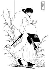 Rule 34 | 1girl, absurdres, aged up, bamboo, cosplay, floral print, full body, fur shawl, greyscale, highres, inuyasha, japanese clothes, katana, kimono, long sleeves, looking at viewer, looking to the side, medium hair, monochrome, multiple swords, one side up, puffy pants, rin (inuyasha), ripples, sesshoumaru, sesshoumaru (cosplay), shawl, shoes, solo, sword, walking, walking on liquid, weapon, wide sleeves, yubanyeye