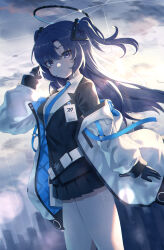 Rule 34 | 1girl, absurdres, akazaki yukino, black gloves, black skirt, blue archive, blue necktie, breasts, closed mouth, collared shirt, cowboy shot, formal, gloves, halo, highres, id card, jacket, long hair, long sleeves, looking at viewer, mechanical halo, medium breasts, necktie, pleated skirt, purple eyes, purple hair, shirt, skirt, solo, suit, two-sided fabric, two-sided jacket, two side up, white jacket, white shirt, yuuka (blue archive)