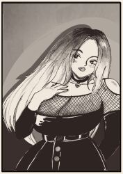Rule 34 | 1girl, belt, bewlvr, black dress, blush, breasts, cleavage, dress, eyelashes, female focus, fishnets, forehead, gradient hair, grey background, large breasts, long hair, looking at viewer, monochrome, multicolored hair, original, solo, thick lips