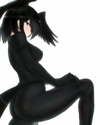 Rule 34 | 1girl, adjusting clothes, ass, bird girl, bird tail, black hair, blue eyes, blush, bodystocking, breasts, clothing cutout, commentary request, covered erect nipples, from side, half-closed eye, head wings, highres, jungle crow (kemono friends), kemono friends, knee up, long sleeves, looking at viewer, medium breasts, medium hair, panties, see-through, shibori kasu, sidelocks, simple background, sleeveless, solo, tail, tail through clothes, underwear, white background, wings