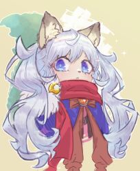 Rule 34 | 1girl, animal ears, blue eyes, blush, bow, bowtie, brown bow, brown bowtie, capelet, cat ears, cat girl, closed mouth, commentary request, crescent, crescent pin, cropped torso, furry, furry female, grey hair, long hair, looking at viewer, medium bangs, orange brooch, pi (pyaaaro), purple capelet, ragnarok online, smile, solo, summoner (ragnarok online), upper body, yellow background