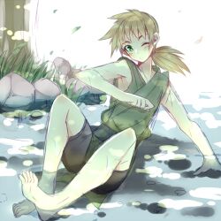 Rule 34 | 1boy, ;o, armpits, bare arms, bare legs, bare shoulders, barefoot, bishounen, black shorts, blonde hair, blush stickers, character request, commentary request, copyright request, emblem, full body, grass, green eyes, green shirt, hand on ground, high-waist shorts, japanese tankery league (emblem), knees apart feet together, long hair, looking at viewer, low ponytail, male focus, one eye closed, outdoors, parted lips, partially submerged, river, rock, shirt, shorts, sitting, solo, toes, tree, usamata, white background