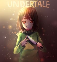 Rule 34 | androgynous, artist name, brown eyes, brown hair, chara (undertale), copyright name, dust, evil grin, evil smile, gender request, glint, grin, highres, holding, holding weapon, knife, long sleeves, looking at viewer, sasucchi95, smile, solo, spoilers, striped clothes, striped sweater, sunlight, sweater, teeth, undertale, upper body, weapon
