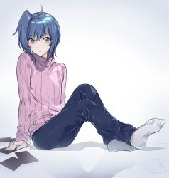 Rule 34 | 10s, 1boy, ahoge, androgynous, blue eyes, blue hair, cardfight!! vanguard, feet, full body, highres, looking at viewer, male focus, maruchi, matching hair/eyes, pants, ribbed sweater, sendou aichi, sitting, smile, socks, solo, sweater