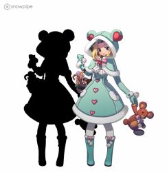 Rule 34 | 1girl, alternate costume, animal ear hood, animal ears, basket, bear ears, bear tail, blonde hair, blue eyes, boots, bow, bowtie, buttoned cuffs, buttons, candy, candy cane, capelet, child, company name, dress, english text, fake animal ears, food, footwear bow, frills, fur-trimmed boots, fur-trimmed capelet, fur-trimmed dress, fur-trimmed hood, fur trim, fur wrist cuffs, gathers, gloves, green button, green capelet, green dress, green footwear, green gloves, green hood, green mittens, hair intakes, heart, heart button, heart ear ornament, holding, holding stuffed toy, hood, hooded capelet, iris chateaubriand, large ears, logo, lollipop, long sleeves, looking at viewer, mittens, official art, parted bangs, pink bow, pink bowtie, pocket, pom pom (clothes), sakura taisen, sega, solo, standing, striped clothes, striped dress, stuffed animal, stuffed toy, tail, teddy bear, teeth, thighhighs, third-party source, upper teeth only, vertical-striped capelet, vertical-striped clothes, vertical-striped dress, watermark, white pocket, white pom poms, white stripes, white thighhighs