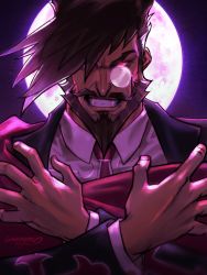 Rule 34 | 1boy, angry, artist name, beard, brown hair, close-up, coat, collared shirt, crossed arms, facial hair, fang, frown, glowing, glowing eyes, guilty gear, guilty gear xrd, highres, long sleeves, looking at viewer, maddestmao, male focus, manly, mature male, monocle, moon, mustache, necktie, night, night sky, one eye covered, red eyes, shirt, sky, slayer (guilty gear), solo, spiked hair, teeth, thick eyebrows