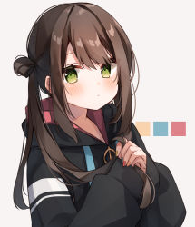 Rule 34 | 1girl, absurdres, blue nails, blush, brown hair, commentary request, eyes visible through hair, green eyes, green nails, hair bun, heripiro, highres, holding, holding own hair, hood, hood down, hooded jacket, jacket, long hair, long sleeves, looking at viewer, multicolored nails, nail polish, orange nails, original, parted lips, red nails, sidelocks, simple background, single hair bun, sleeves past wrists, solo, twintails, upper body, white background