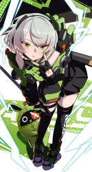 1girl absurdres amillion_(zenless_zone_zero) anby_demara armor bangboo_(zenless_zone_zero) bent_over black_gloves black_hairband black_skirt black_thighhighs character_name commentary commentary_request english_commentary fingerless_gloves full_body gloves green_armor green_eyes green_nails grey_hair hairband highres medium_hair mixed-language_commentary nail_polish orange_eyes pleated_skirt revision short_hair skirt solo standing thighhighs yamada_otonari zenless_zone_zero