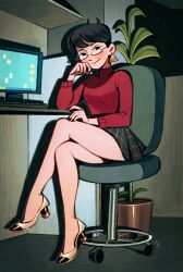 Rule 34 | 1girl, ahoge, black-framed eyewear, black hair, blush, breasts, chair, commentary, earrings, english commentary, friedbaens, high heels, highres, jewelry, keyboard (computer), looking at viewer, medium breasts, monitor, office, office chair, original, plaid, plaid skirt, plant, potted plant, red sweater, semi-rimless eyewear, short hair, skirt, smile, solo, sweater, swivel chair, thighs, triangle earrings, turtleneck, turtleneck sweater