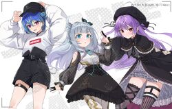Rule 34 | 3girls, and uge, arms up, asymmetrical legwear, bare shoulders, baseball cap, beret, black capelet, black dress, black headwear, black shorts, black skirt, blue eyes, blue hair, brown thighhighs, capelet, clothing cutout, commentary request, copyright notice, crossover, dress, finger cots, frilled capelet, frilled skirt, frills, grey hair, grey skirt, hair between eyes, hair bun, hair ornament, hands on headwear, hat, leaning forward, long sleeves, mismatched legwear, multicolored hair, multiple girls, nanashi inc., official art, polka dot, puffy long sleeves, puffy sleeves, purple hair, red eyes, shirt, shisui kiki, shisui kiki (2nd costume), short eyebrows, shorts, shoulder cutout, single side bun, skirt, sleeves past fingers, sleeves past wrists, streaked hair, suzumi nemo, tapioka (oekakitapioka), thick eyebrows, thighhighs, v ap art, virtual youtuber, white background, white shirt