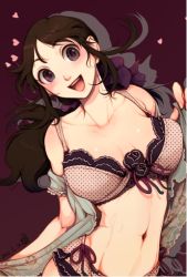 Rule 34 | 1girl, :d, bra, breasts, brown hair, chi-chi (dragon ball), cleavage, collarbone, contrapposto, dragon ball, dragonball z, harumaki, heart, hime cut, large breasts, lingerie, navel, open mouth, smile, solo, standing, underwear