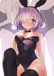 Rule 34 | 1girl, absurdres, animal ears, areola slip, breasts, detached collar, fake animal ears, fate/grand order, fate (series), gaou (umaiyo puyoman), hair over one eye, highres, leotard, mash kyrielight, medium breasts, out of frame, playboy bunny, purple eyes, purple hair, rabbit ears, short hair, sitting, solo focus, thighhighs
