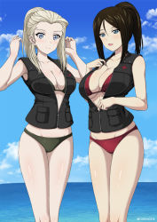 Rule 34 | 2girls, bikini, black hair, black vest, blonde hair, blue eyes, blue sky, breasts, clara (girls und panzer), cleavage, closed mouth, cloud, feet out of frame, girls und panzer, green bikini, hair between eyes, hair over shoulder, hands up, high ponytail, highres, inoshira, insignia, large breasts, long hair, looking at viewer, medium breasts, multiple girls, nonna (girls und panzer), ocean, open mouth, ponytail, red bikini, sky, smile, swimsuit, thighs, vest, water, zipper, zipper pull tab
