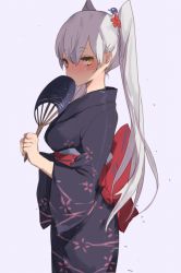 Rule 34 | 10s, 1girl, agu, alternate hairstyle, amatsukaze (kancolle), bad id, bad pixiv id, blush, breasts, commentary request, flower, from side, hair flower, hair ornament, hand fan, holding, holding fan, japanese clothes, kantai collection, kimono, long hair, looking at viewer, medium breasts, silver hair, simple background, solo, standing, twintails, very long hair, yellow eyes, yukata