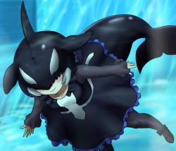 Rule 34 | 1girl, adansosutega, black hair, blowhole, blush, cetacean tail, closed mouth, covered eyes, dorsal fin, dress, fins, fish tail, freediving, frilled dress, frills, hair over eyes, head fins, highres, kemono friends, long sleeves, medium dress, medium hair, multicolored hair, orca (kemono friends), outstretched arms, outstretched hand, pantyhose, purple hair, shoes, smile, solo, submerged, tail, underwater, water, white hair