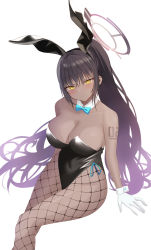 Rule 34 | 1girl, animal ears, bare arms, bare shoulders, black hair, black hairband, black leotard, black pantyhose, blue archive, blush, bow, bowtie, breasts, cleavage, closed mouth, collarbone, covered navel, curvy, dark-skinned female, dark skin, detached collar, fake animal ears, fishnet pantyhose, fishnets, from above, gloves, hairband, halo, highleg, highleg leotard, highres, karin (blue archive), karin (bunny) (blue archive), large breasts, leotard, long hair, looking at viewer, looking up, nannann, number tattoo, pantyhose, playboy bunny, ponytail, rabbit ears, shiny clothes, shiny skin, simple background, solo, strapless, strapless leotard, tattoo, traditional bowtie, very long hair, white background, white gloves, wide hips, yellow eyes