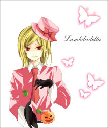 Rule 34 | 1boy, blonde hair, bug, butterfly, character name, formal, genderswap, genderswap (ftm), hat, heart, insect, lambdadelta, male focus, necktie, non-web source, pink hat, pumpkin, red eyes, solo, suit, top hat, toudou (dolce), umineko no naku koro ni, upper body, white background