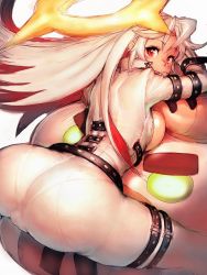 Rule 34 | 1girl, arc system works, ass, belt, bent over, blonde hair, blush, bodysuit, breast press, breasts, cameltoe, candy, spiked halo, curvy, female focus, food, from behind, fumio (rsqkr), guilty gear, guilty gear xrd, guilty gear xrd: revelator, halo, huge ass, jack-o&#039; valentine, large breasts, lollipop, long hair, looking at viewer, looking back, multicolored hair, pantylines, red eyes, red hair, sideboob, silver hair, simple background, skin tight, solo, spread legs, thighs, tight clothes, trefoil, two-tone hair, white background, wide hips